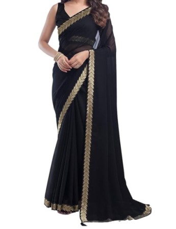 Women's Georgette Lace Boarder Saree With Unstitched Blouse Piece