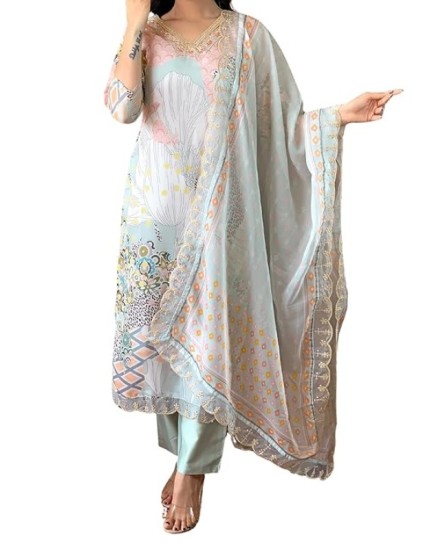 Women's Organza Embroidered Straight Kurta with Pant and Dupatta Sets