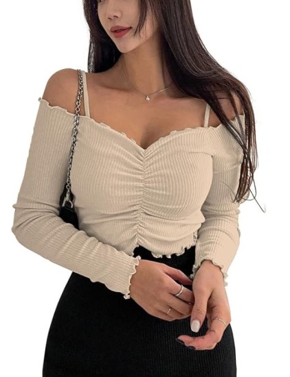 Women's Purple Solid Colour Open Cold Off Shoulder Long Sleeve Lettuce Hem Casual Autumn Trim Tight- Slim Fitting Ruched Front Ladies' Camisole Top